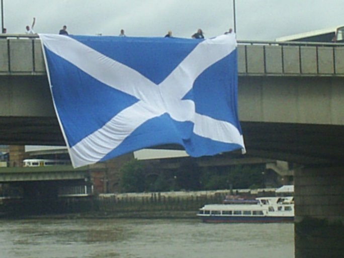 A 75-foot Saltire was hung from London Bridge early next morning...
